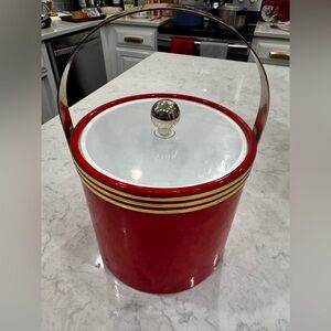 Vintage Red Ice Bucket w/ Lucite Lid & Brass Handle | MCM Barware